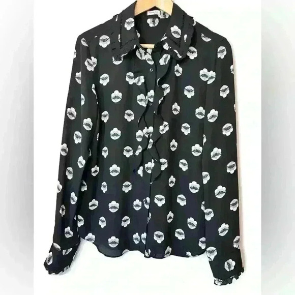 Sunday Best Aritzia  Womens Black Floral Print Ruffle Button Down Blouse Medium - Picture 1 of 9